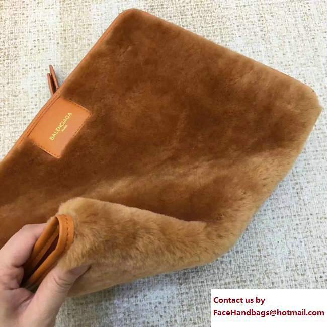 Balenciaga Shearling Bazar Zipped Pouch Clutch Bag Caramel 2017 - Click Image to Close