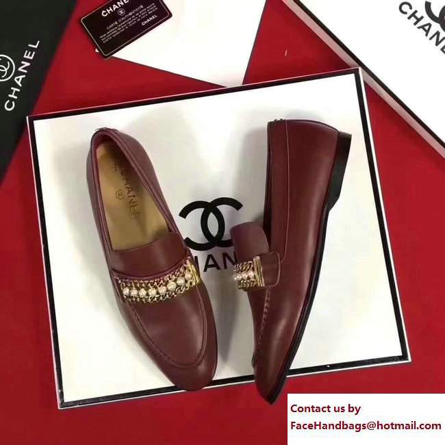 Chanel Calfskin Chain and Pearl Loafers G33155 Burgundy 2018 - Click Image to Close