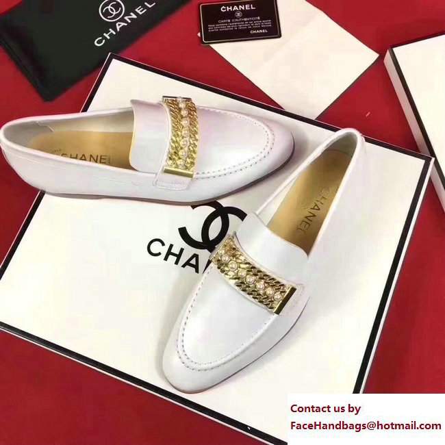 Chanel Calfskin Chain and Pearl Loafers G33155 White 2018
