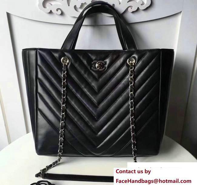 Chanel Calfskin Chevron Statement Large Shopping Bag A91643 Black 2017