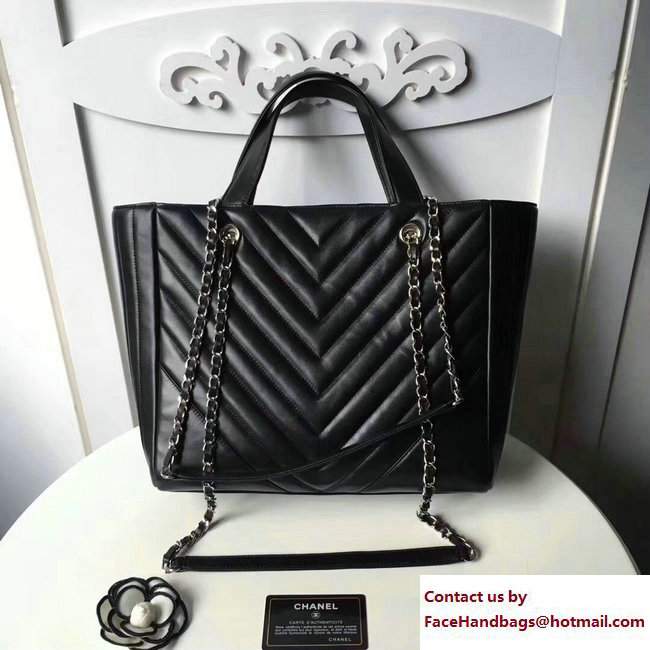 Chanel Calfskin Chevron Statement Large Shopping Bag A91643 Black 2017 - Click Image to Close