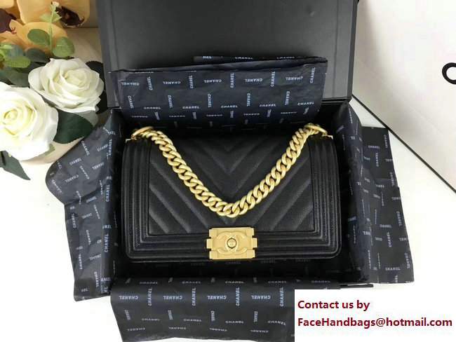 Chanel Caviar Leather Chevron Boy Flap Bag Black/Gold 2017