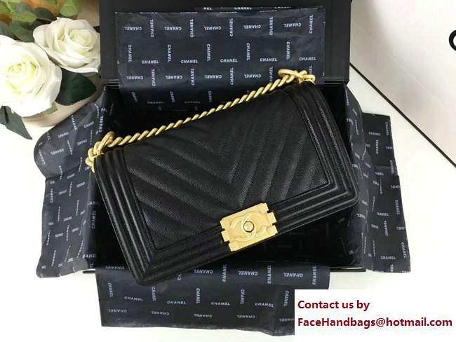 Chanel Caviar Leather Chevron Boy Flap Bag Black/Gold 2017