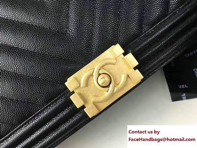 Chanel Caviar Leather Chevron Boy Flap Bag Black/Gold 2017 - Click Image to Close