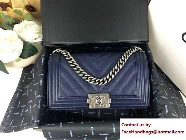 Chanel Caviar Leather Chevron Boy Flap Bag Navy Blue 2017