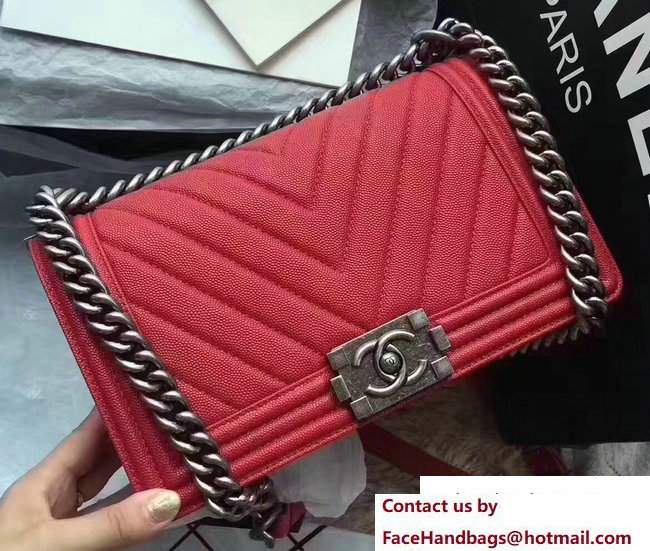 Chanel Caviar Leather Chevron Boy Flap Bag Red 2017 - Click Image to Close