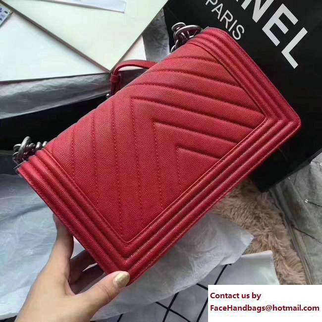 Chanel Caviar Leather Chevron Boy Flap Bag Red 2017 - Click Image to Close