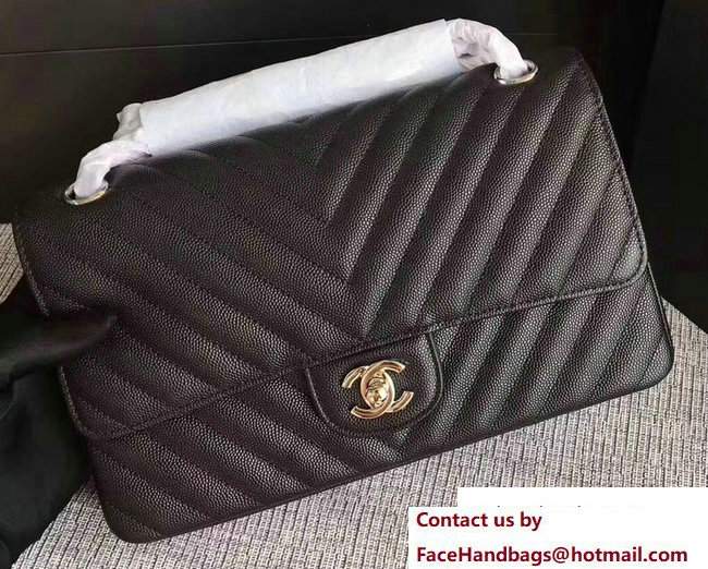 Chanel Caviar Leather Chevron Classic Flap Medium Bag A01112 Black/Silver 2017
