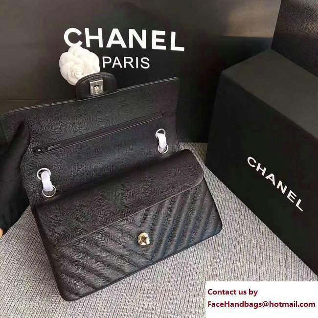 Chanel Caviar Leather Chevron Classic Flap Medium Bag A01112 Black/Silver 2017 - Click Image to Close