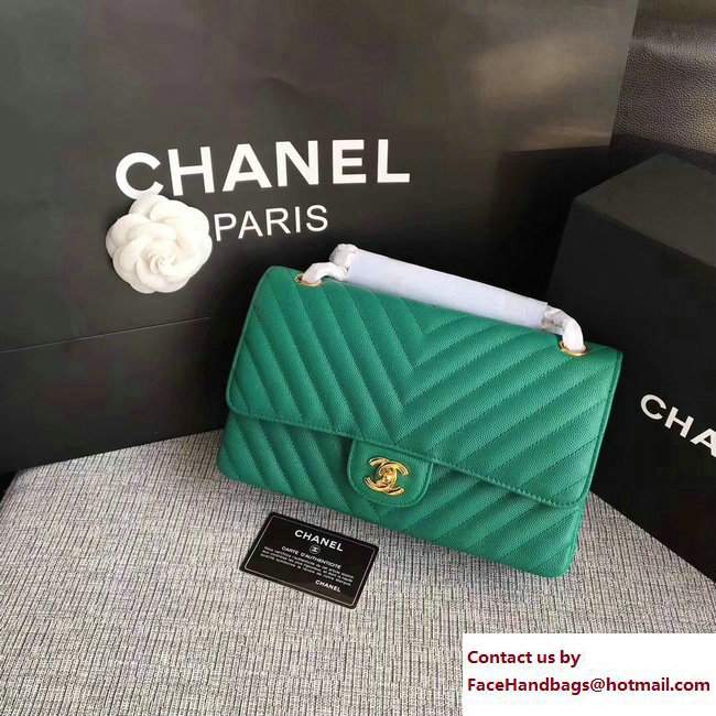 Chanel Caviar Leather Chevron Classic Flap Medium Bag A01112 Green/Gold 2017 - Click Image to Close