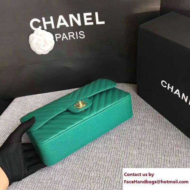Chanel Caviar Leather Chevron Classic Flap Medium Bag A01112 Green/Gold 2017