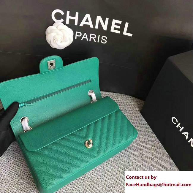 Chanel Caviar Leather Chevron Classic Flap Medium Bag A01112 Green/Silver 2017