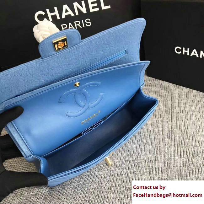 Chanel Caviar Leather Chevron Classic Flap Medium Bag A01112 Light Blue/Gold 2017