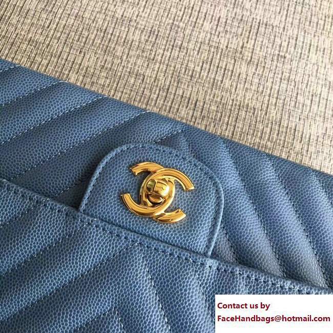 Chanel Caviar Leather Chevron Classic Flap Medium Bag A01112 Light Blue/Gold 2017