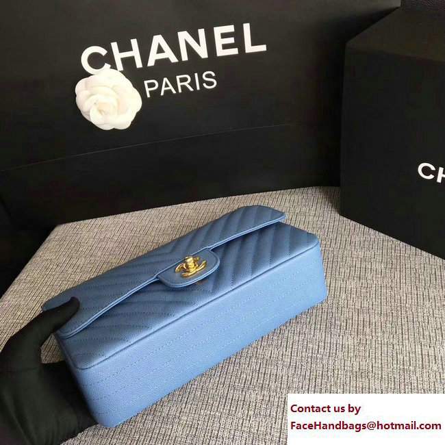 Chanel Caviar Leather Chevron Classic Flap Medium Bag A01112 Light Blue/Gold 2017 - Click Image to Close