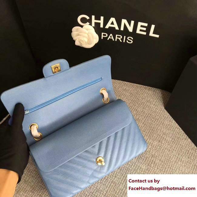 Chanel Caviar Leather Chevron Classic Flap Medium Bag A01112 Light Blue/Gold 2017 - Click Image to Close