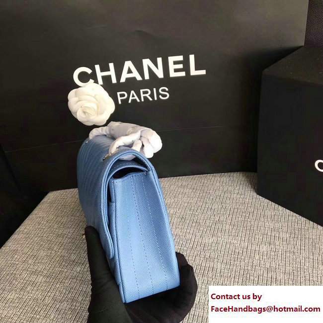 Chanel Caviar Leather Chevron Classic Flap Medium Bag A01112 Light Blue/Silver 2017