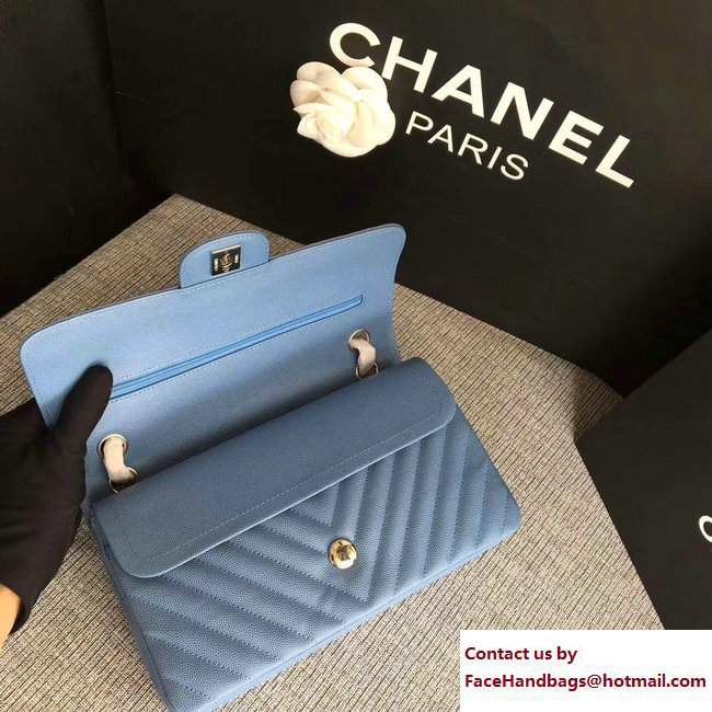 Chanel Caviar Leather Chevron Classic Flap Medium Bag A01112 Light Blue/Silver 2017 - Click Image to Close
