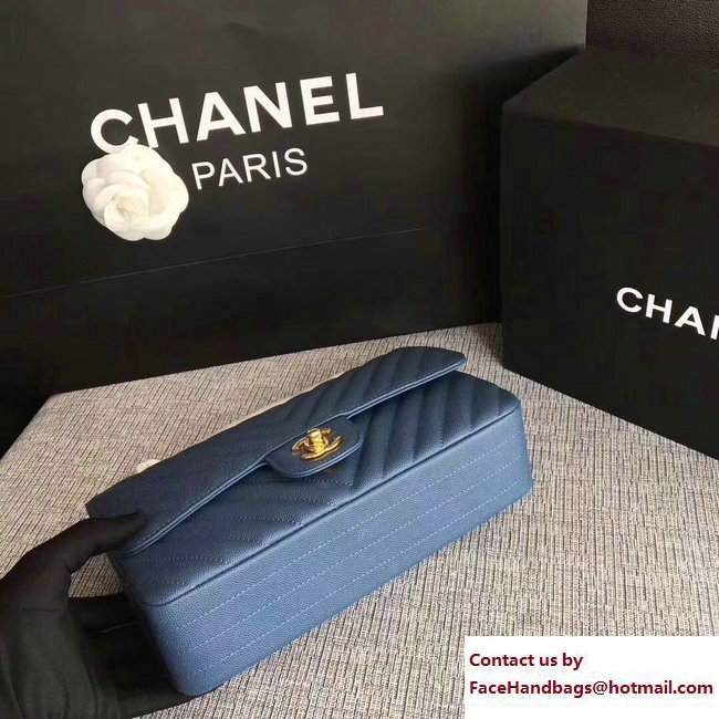 Chanel Caviar Leather Chevron Classic Flap Medium Bag A01112 Navy Blue/Gold 2017 - Click Image to Close