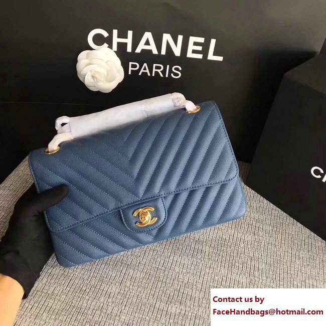 Chanel Caviar Leather Chevron Classic Flap Medium Bag A01112 Navy Blue/Gold 2017