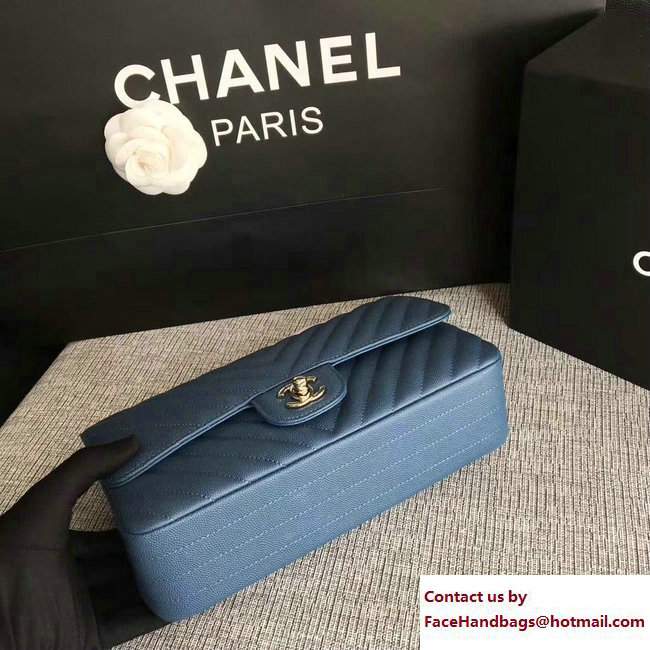 Chanel Caviar Leather Chevron Classic Flap Medium Bag A01112 Navy Blue/Silver 2017 - Click Image to Close