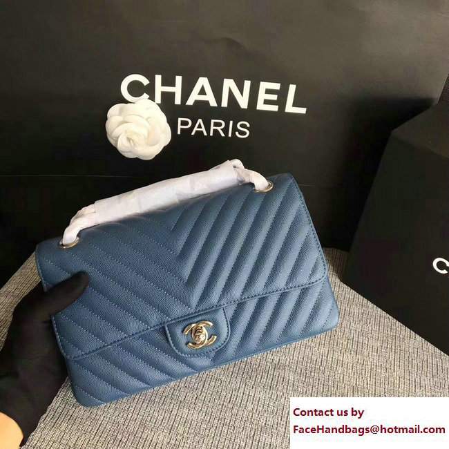 Chanel Caviar Leather Chevron Classic Flap Medium Bag A01112 Navy Blue/Silver 2017 - Click Image to Close