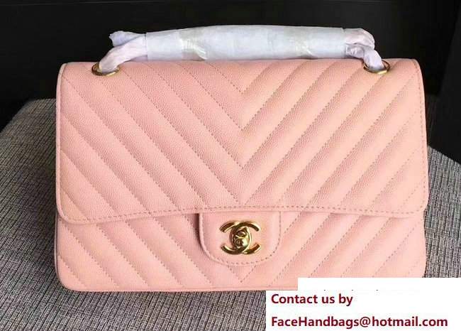 Chanel Caviar Leather Chevron Classic Flap Medium Bag A01112 Pink/Gold 2017 - Click Image to Close