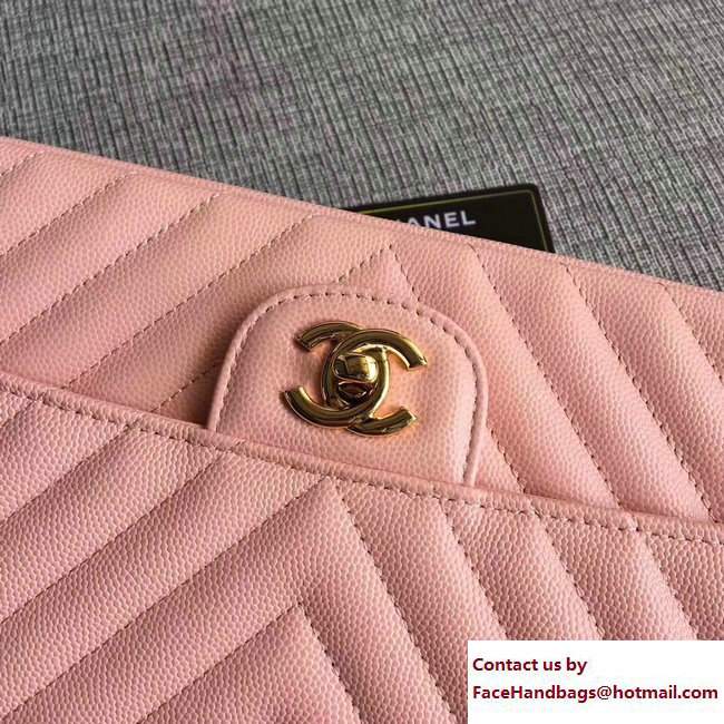 Chanel Caviar Leather Chevron Classic Flap Medium Bag A01112 Pink/Gold 2017