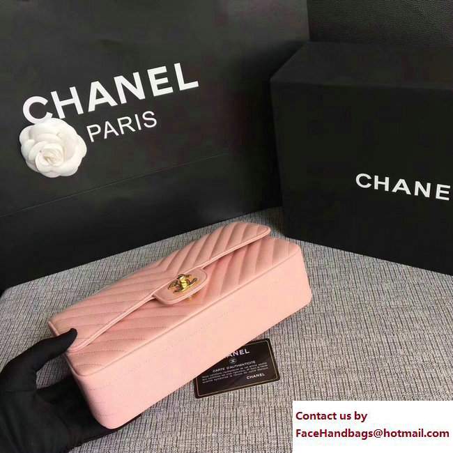 Chanel Caviar Leather Chevron Classic Flap Medium Bag A01112 Pink/Gold 2017