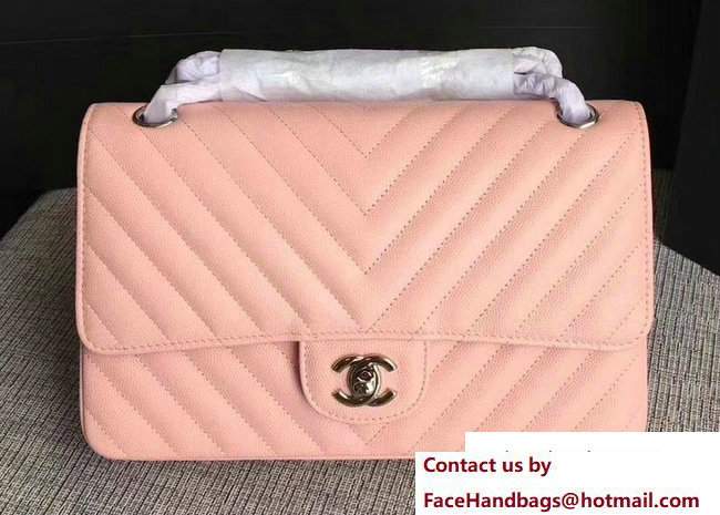 Chanel Caviar Leather Chevron Classic Flap Medium Bag A01112 Pink/Silver 2017