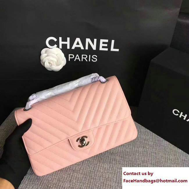 Chanel Caviar Leather Chevron Classic Flap Medium Bag A01112 Pink/Silver 2017