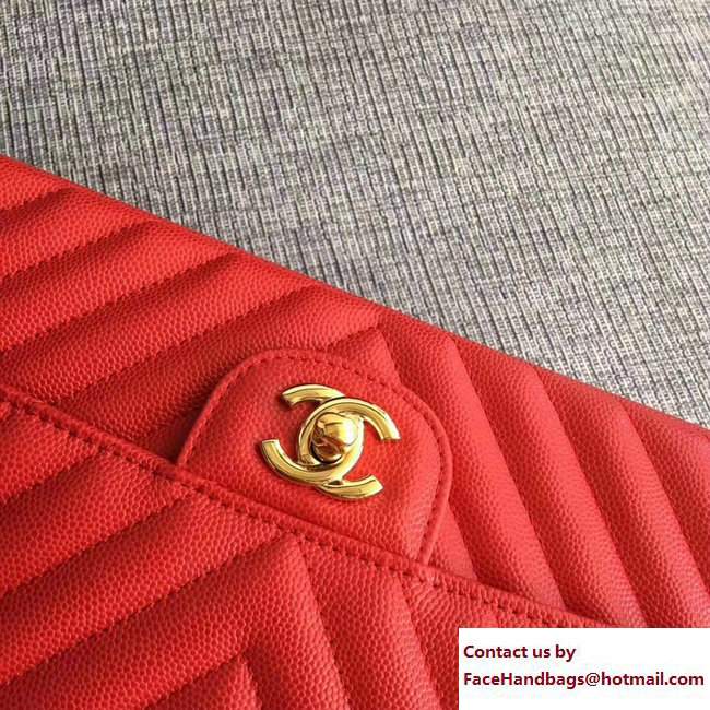 Chanel Caviar Leather Chevron Classic Flap Medium Bag A01112 Red/Gold 2017