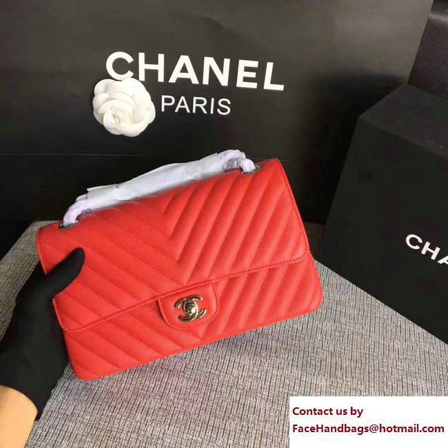 Chanel Caviar Leather Chevron Classic Flap Medium Bag A01112 Red/Silver 2017