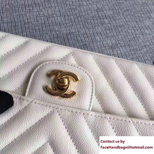 Chanel Caviar Leather Chevron Classic Flap Medium Bag A01112 White/Gold 2017