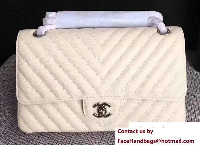 Chanel Caviar Leather Chevron Classic Flap Medium Bag A01112 White/Silver 2017
