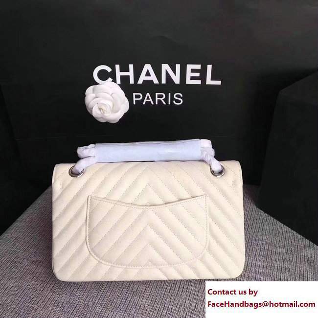 Chanel Caviar Leather Chevron Classic Flap Medium Bag A01112 White/Silver 2017