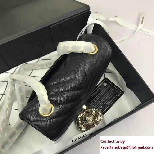 Chanel Caviar Leather Chevron Classic Flap Mini Bag A1115 Black/Gold 2017