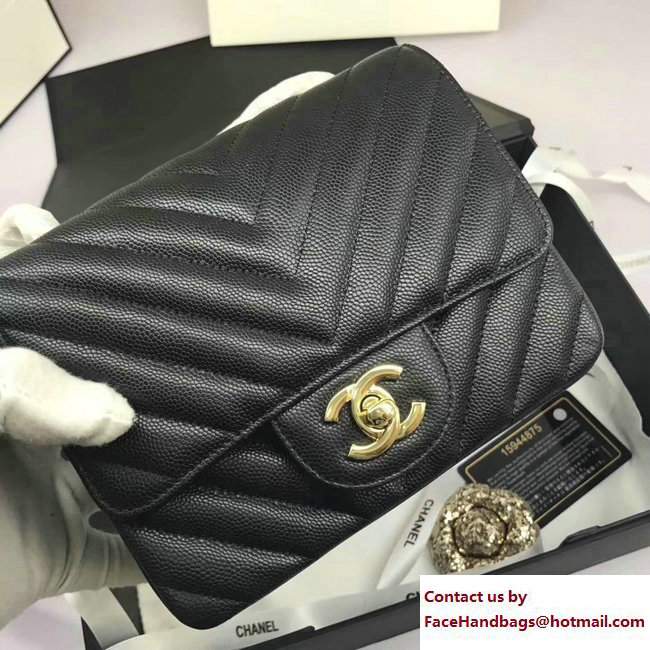 Chanel Caviar Leather Chevron Classic Flap Mini Bag A1115 Black/Gold 2017 - Click Image to Close