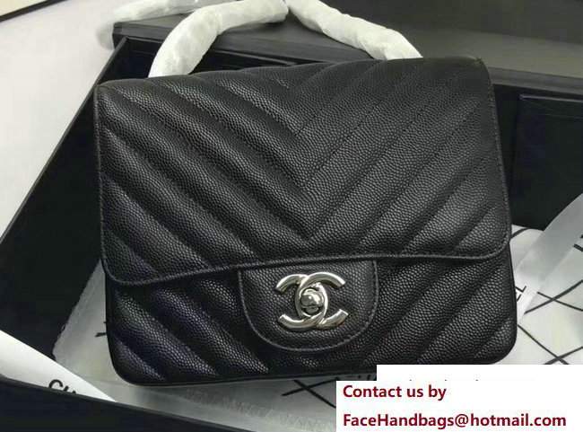 Chanel Caviar Leather Chevron Classic Flap Mini Bag A1115 Black/Silver 2017