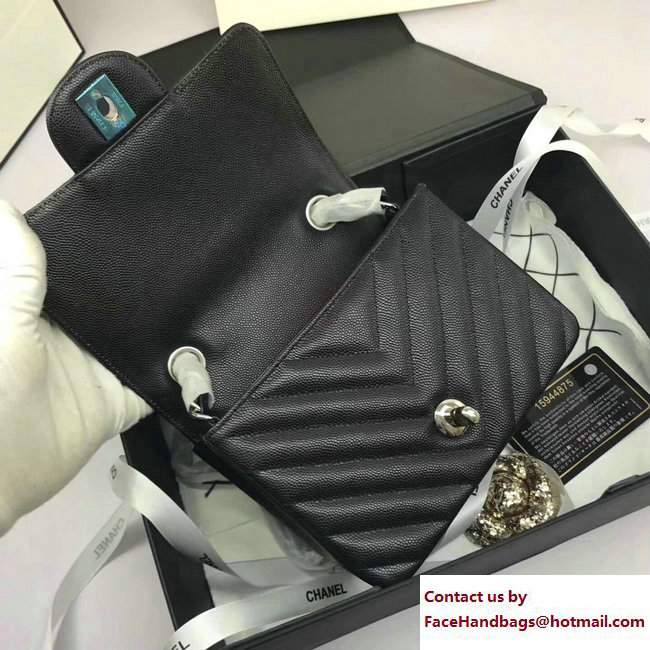 Chanel Caviar Leather Chevron Classic Flap Mini Bag A1115 Black/Silver 2017 - Click Image to Close