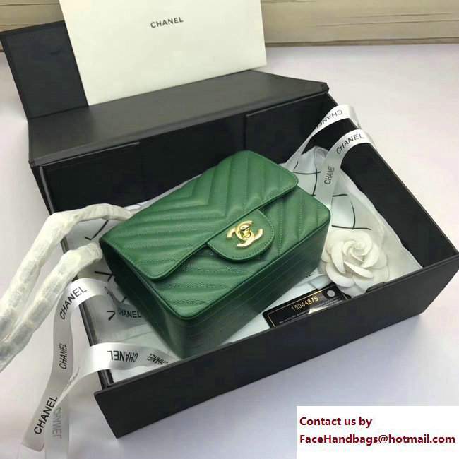 Chanel Caviar Leather Chevron Classic Flap Mini Bag A1115 Green/Gold 2017