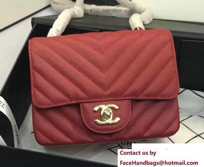 Chanel Caviar Leather Chevron Classic Flap Mini Bag A1115 Red/Gold 2017