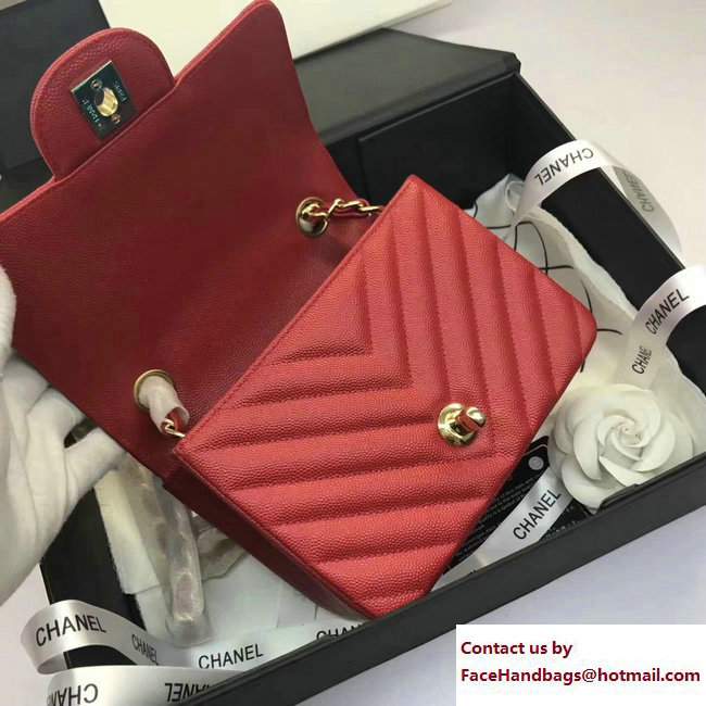 Chanel Caviar Leather Chevron Classic Flap Mini Bag A1115 Red/Gold 2017
