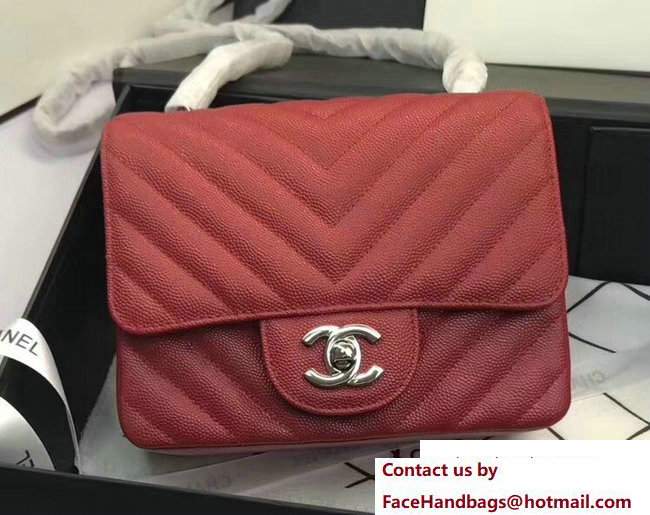 Chanel Caviar Leather Chevron Classic Flap Mini Bag A1115 Red/Silver 2017