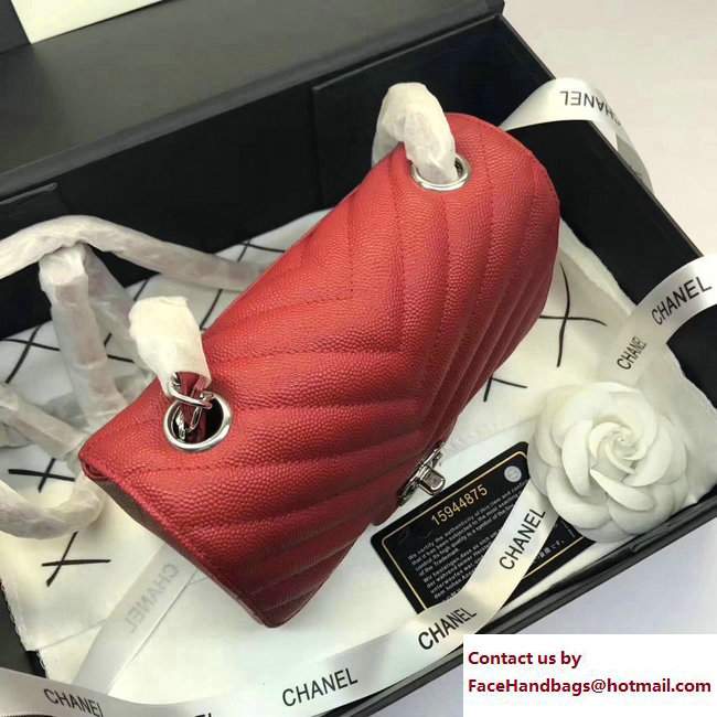 Chanel Caviar Leather Chevron Classic Flap Mini Bag A1115 Red/Silver 2017