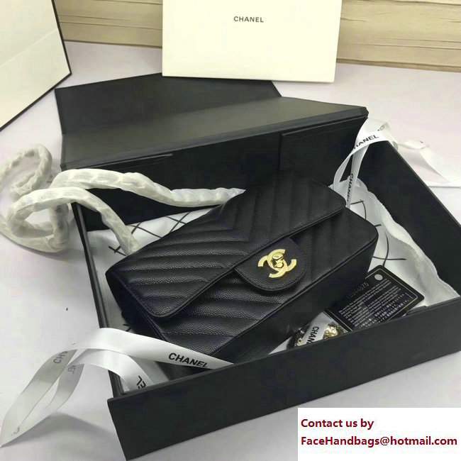 Chanel Caviar Leather Chevron Classic Flap Small Bag A1116 Black/Gold 2017 - Click Image to Close