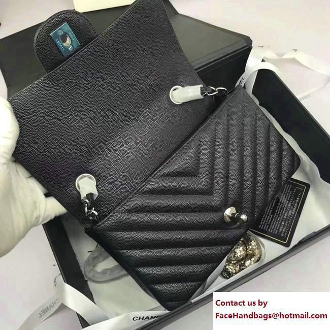 Chanel Caviar Leather Chevron Classic Flap Small Bag A1116 Black/Silver 2017