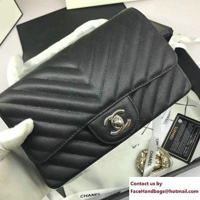 Chanel Caviar Leather Chevron Classic Flap Small Bag A1116 Black/Silver 2017