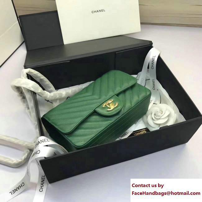 Chanel Caviar Leather Chevron Classic Flap Small Bag A1116 Green/Gold 2017 - Click Image to Close