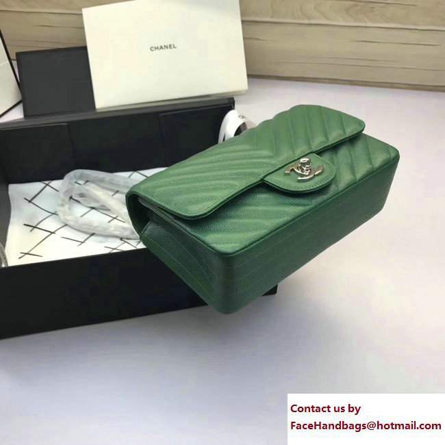 Chanel Caviar Leather Chevron Classic Flap Small Bag A1116 Green/Silver 2017 - Click Image to Close
